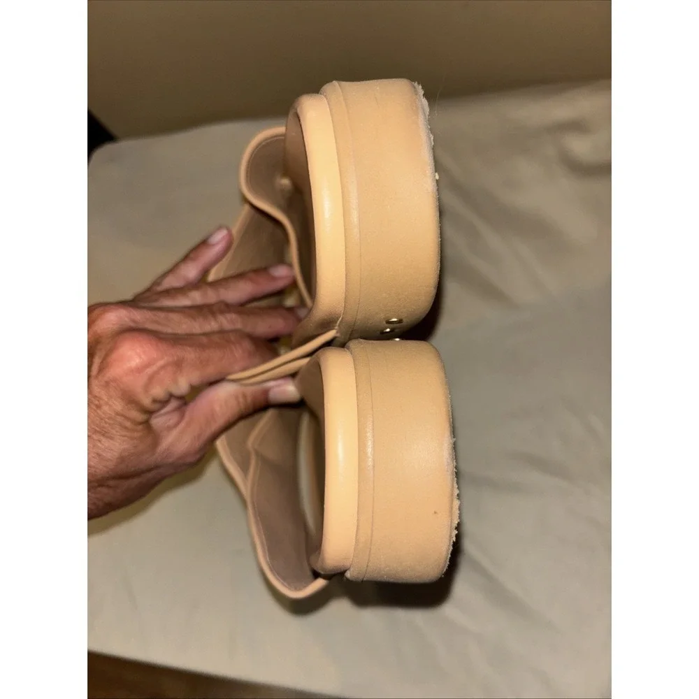 BEEK $290 Sz 10 Hen Leather Flatform Slides Crossover Sandals Beach Tan Luxury